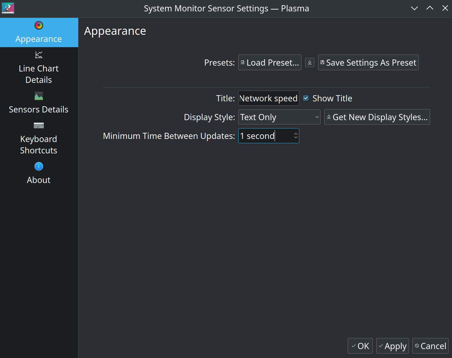 System Monitor Sensor widget appearance tab settings