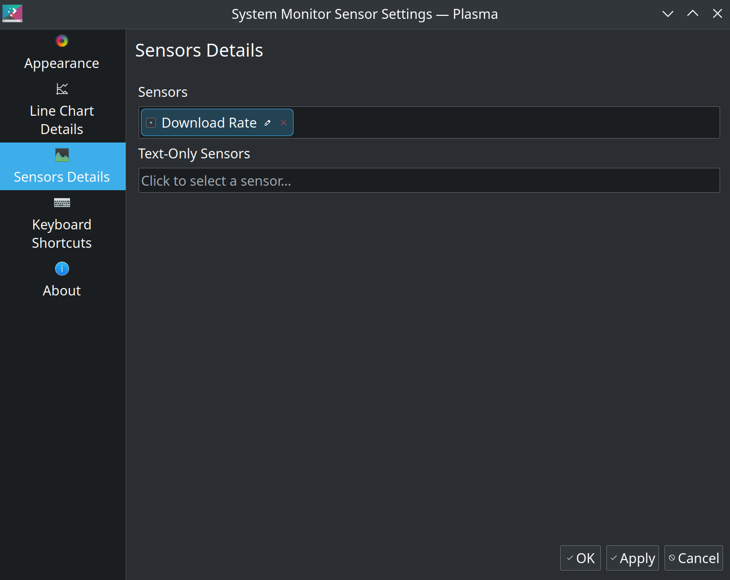 System Monitor Sensor widget Sensors Details tab